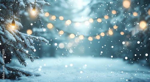 A blurred background of an empty snowy winter scene with hanging lights and snowflakes