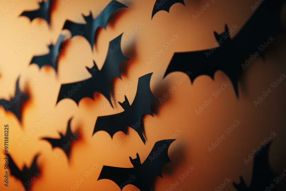 Spooky Black Bat Silhouettes on Vibrant Orange Background - Perfect for Halloween Decor and Themed Marketing Spooky Black Bat Silhouettes on Vibrant Orange Background - Perfect for Halloween Decor and Themed Marketing