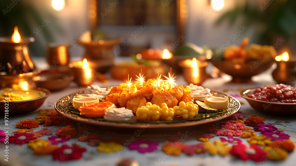 Fototapeta premium 3D Glossy Festival Feast Background with Sparkler Accents and Rangoli Designs for Inviting Visuals and Rich Textures on Isolated White Background