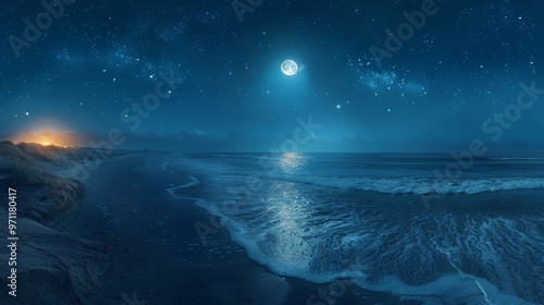 Night Sky Moonlit Beach Ocean Waves Stars