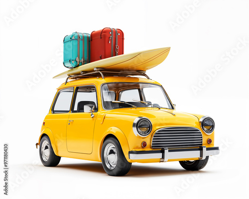 3D Render of a Yellow Car with Luggage, Surfboard, and Suitcases on the Roof, ready for the travel, isolated on White Background