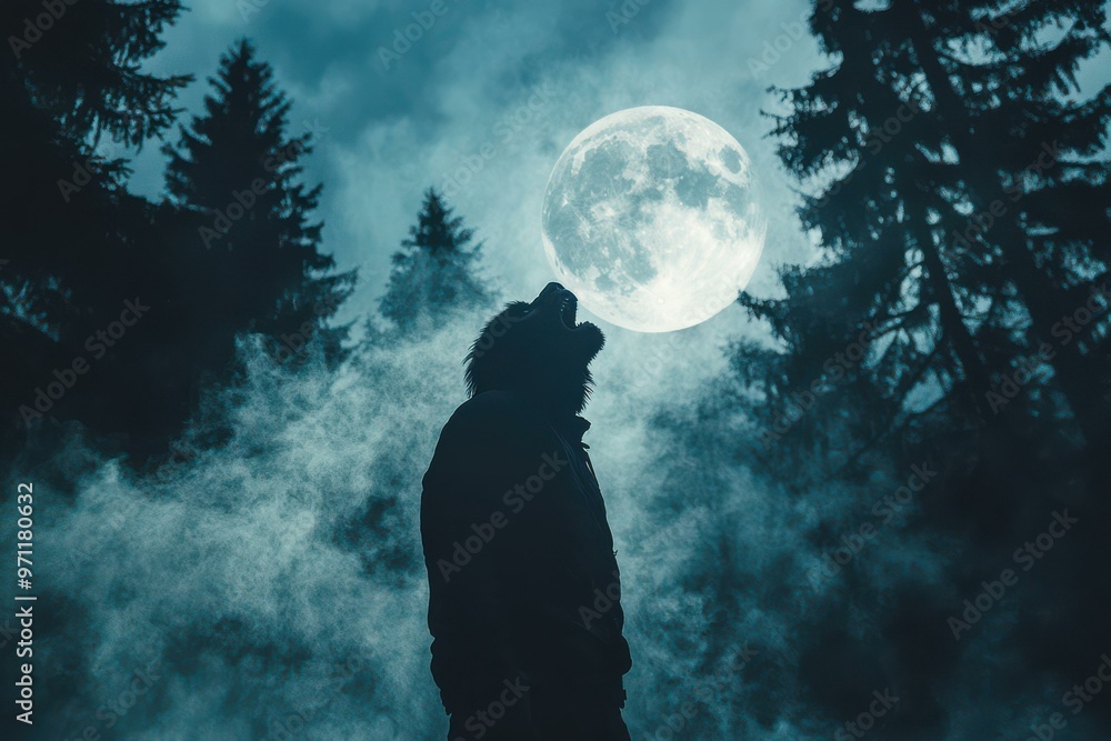 Howling Werewolf Silhouette Under Full Moon in Dark Forest - Eerie Horror Art for Film, Gaming, and Halloween Howling Werewolf Silhouette Under Full Moon in Dark Forest - Eerie Horror Art for Film, Gaming, and Halloween
