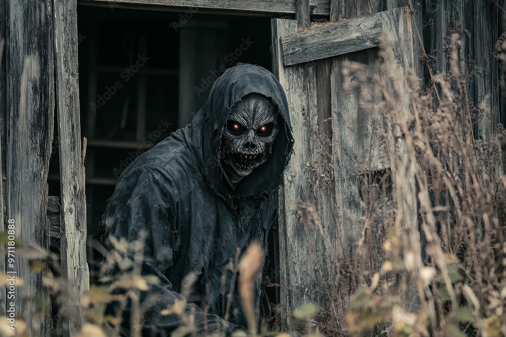 Eerie Horror Character with Red Eyes in Dark Cloak at Abandoned House - Perfect for Halloween Events, Promotions, and Horror-themed Content Eerie Horror Character with Red Eyes in Dark Cloak at Abandoned House - Perfect for Halloween Events, Promotions, and Horror-themed Content