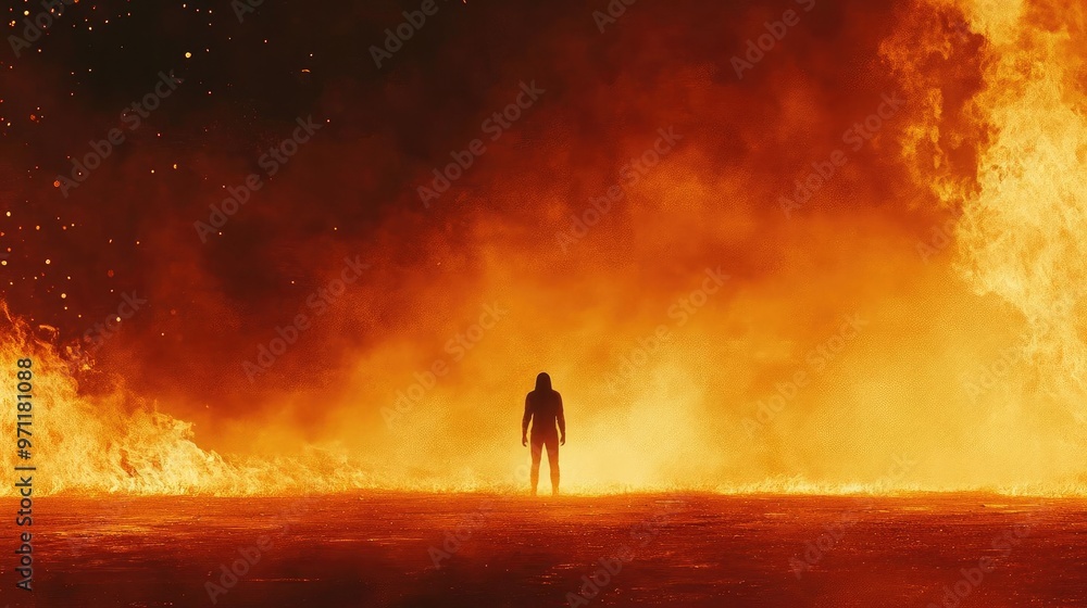 A silhouetted figure stands against a backdrop of flames, embodying strength amid chaos in a fiery landscape. A silhouetted figure stands against a backdrop of flames, embodying strength amid chaos in a fiery landscape.