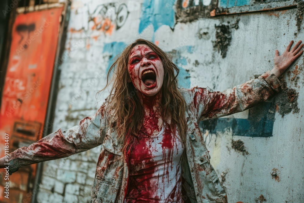 Naklejka premium Intense Horror Scene: Bloodied Woman Screaming in Urban Setting - Perfect for Halloween Film and Event Promotion