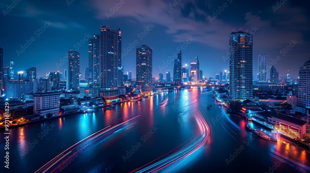 Obraz premium Night Lights Cityscape River Reflections Skyline