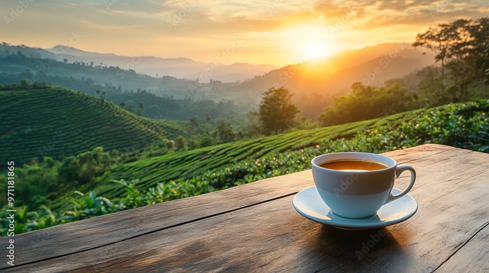Coffee Cup on Wooden Table Overlooking Tea Plantation at Sunset in Mountain Forest. AI generated illustration Coffee Cup on Wooden Table Overlooking Tea Plantation at Sunset in Mountain Forest. AI generated illustration
