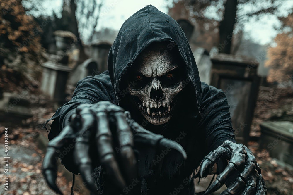 Eerie Grim Reaper in Dark Hooded Cloak with Bone Hands - Horror-themed imagery for Halloween events and promotions Eerie Grim Reaper in Dark Hooded Cloak with Bone Hands - Horror-themed imagery for Halloween events and promotions
