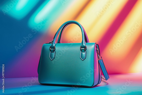 colorful purse is displayed on a colorful background. The purse is made of a variety of colors and has a rainbow design. The background is also colorful, creating a vibrant and cheerful atmosphere