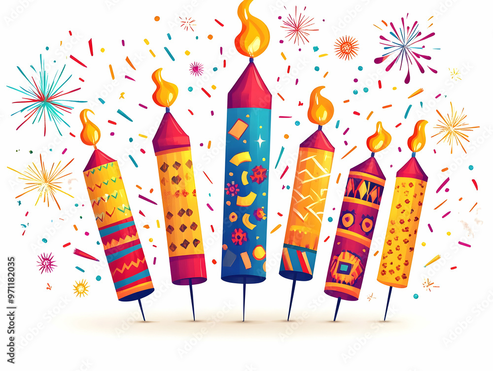 Vibrant Flat Glossy Background with Festival Firecrackers, Sparklers & Rangoli Designs - Capturing Energetic Celebrations in Simple Vector Illustration Vibrant Flat Glossy Background with Festival Firecrackers, Sparklers & Rangoli Designs - Capturing Energetic Celebrations in Simple Vector Illustration