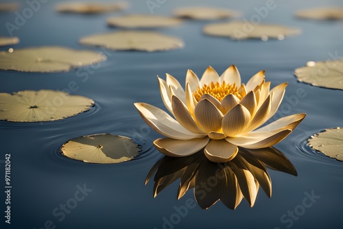 A shimmering gold lotus flower floating on a serene reflective water surface, AI Generated