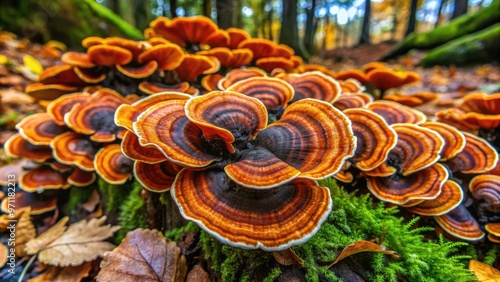 Vibrant orange and black turkey tail mushrooms with delicate patterns and wispy edges grow on a mossy forest floor amidst fallen autumn leaves. photo