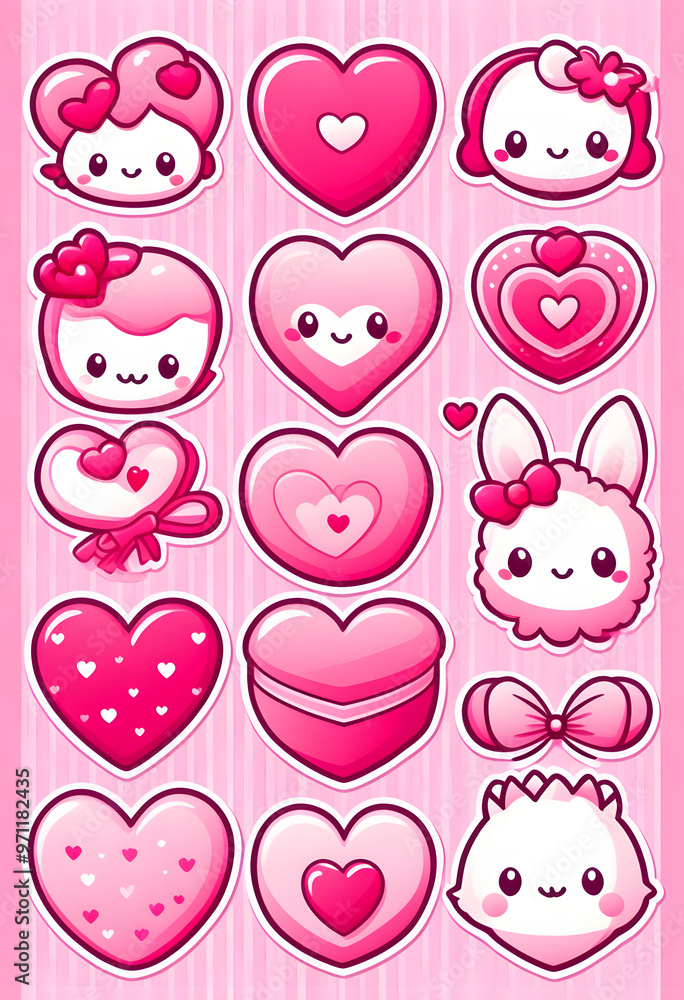 Fototapeta premium Images of Valentine's stickers and icons for decoration or graphics elements. Pink theme for the coming festival