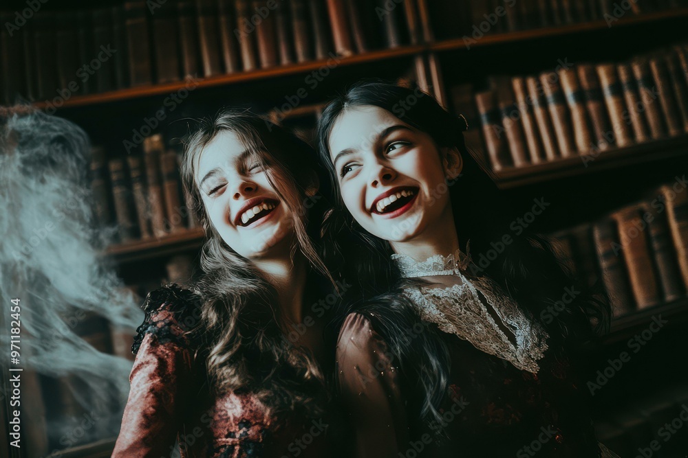 Joyful Young Girls in Gothic Costumes with Books in Background - Gothic Fantasy Theme for Children's Events - Halloween Joyful Young Girls in Gothic Costumes with Books in Background - Gothic Fantasy Theme for Children's Events - Halloween