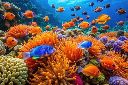 Vibrant orange and blue damselfish swim alongside sea anemones in a colorful coral reef, surrounded by schools of small fish in crystal-clear turquoise water. photo