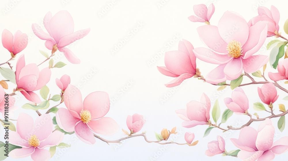 A serene backdrop featuring delicate pink magnolia flowers blooming gracefully, perfect for spring and nature themes. A serene backdrop featuring delicate pink magnolia flowers blooming gracefully, perfect for spring and nature themes.