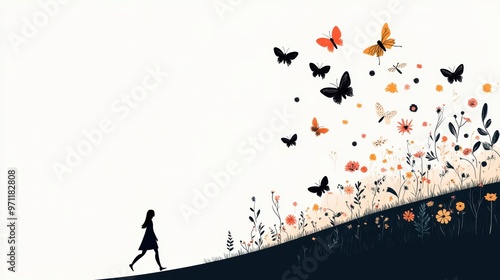 Wallpaper Mural A hand drawn illustration of a person walking through a field of wildflowers, with hand drawn details of butterflies, bees, and birds, highlighting the vibrancy of nature. Torontodigital.ca