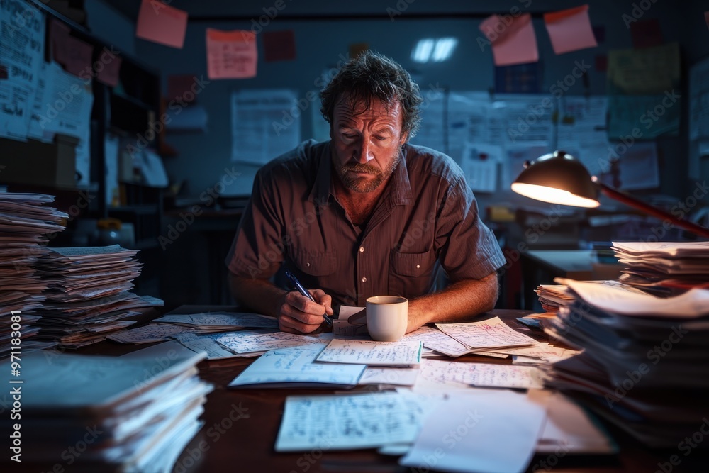 A focused man works diligently amidst stacks of papers under a desk lamp in a cluttered office, illustrating dedication and concentration. A focused man works diligently amidst stacks of papers under a desk lamp in a cluttered office, illustrating dedication and concentration.