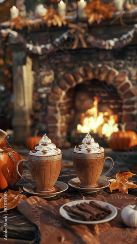 a cup of hot chocolate on the table in the room with the fireplace