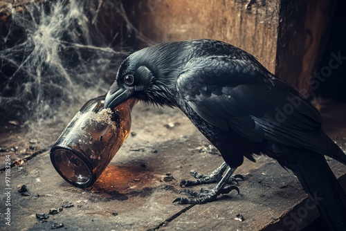 Mysterious Black Raven with Glass Bottle on Dark Wooden Surface - Dark Fantasy Imagery for Book Covers and Marketing - Halloween