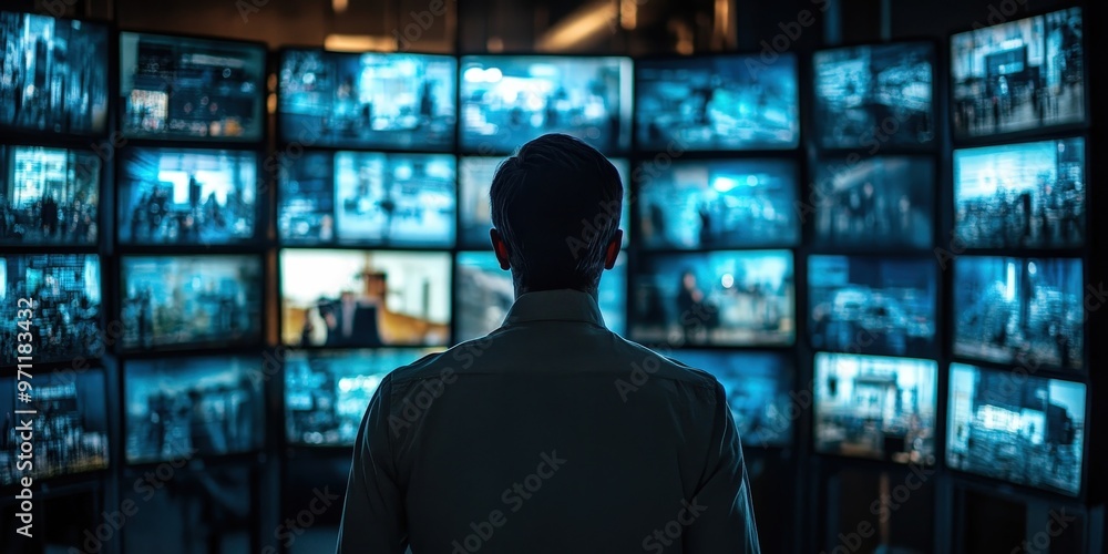 A person observes multiple surveillance monitors in a control room at night, focused on various digital feeds from a security system. Generative AI A person observes multiple surveillance monitors in a control room at night, focused on various digital feeds from a security system. Generative AI
