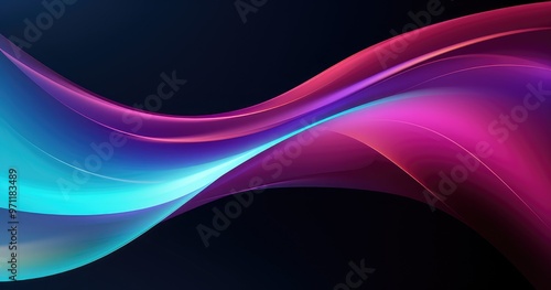 A vibrant abstract wave design featuring flowing gradients of blue, pink, and purple against a dark background.