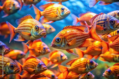 Vibrant orange and blue striped senorita fish swim together in a school, their iridescent scales shimmering in the sunlight filtering down through the clear water. photo