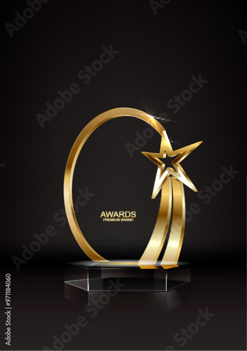 Gold podium with star vector illustration. Abstract golden award platform with glowing rays, glitter confetti sparkle rain falling from above background for product presentation.