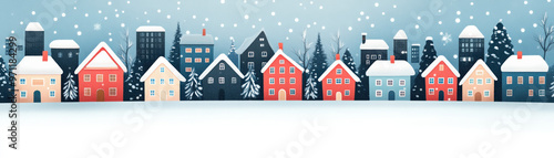 A charming winter village scene with colorful houses adorned in snow against a backdrop of trees and snowflakes. Ideal for holiday and seasonal themes.