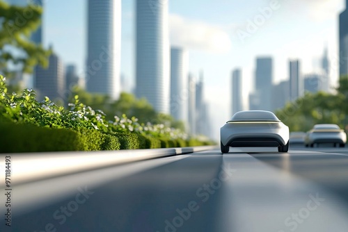 A sleek, futuristic car drives along a modern city street, surrounded by skyscrapers and greenery, highlighting urban innovation. photo