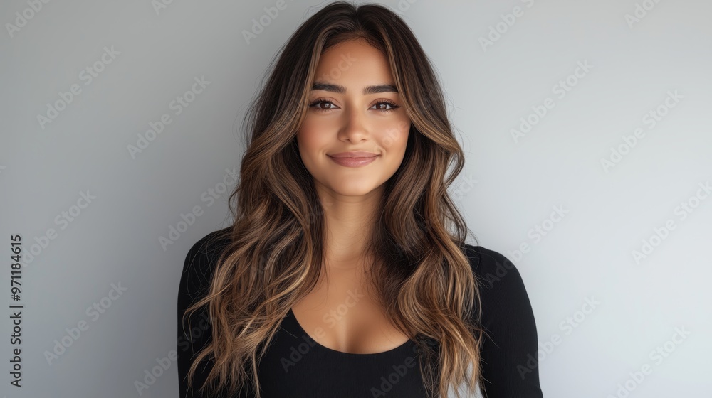 A portrait of an attractive Indian woman with long wavy hair, wearing a black top and jeans, smiling at the camera A portrait of an attractive Indian woman with long wavy hair, wearing a black top and jeans, smiling at the camera