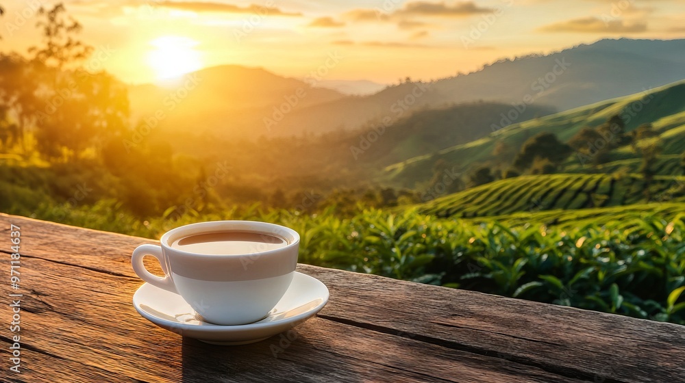 Coffee Cup on Wooden Table Overlooking Tea Plantation at Sunset in Mountain Forest. AI generated illustration Coffee Cup on Wooden Table Overlooking Tea Plantation at Sunset in Mountain Forest. AI generated illustration