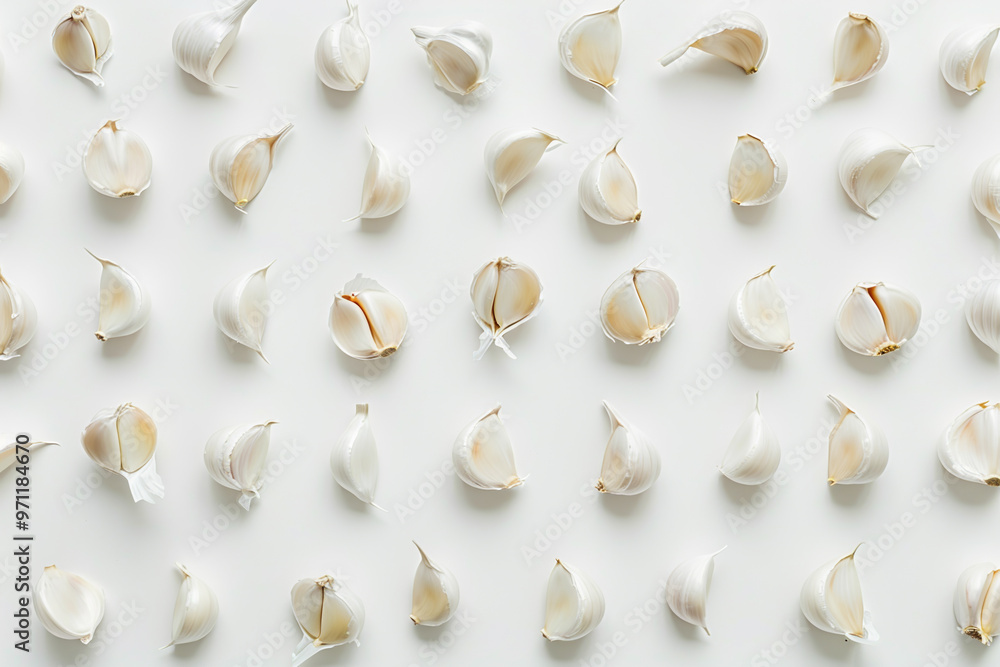 A close up of garlic cloves on a white background A close up of garlic cloves on a white background