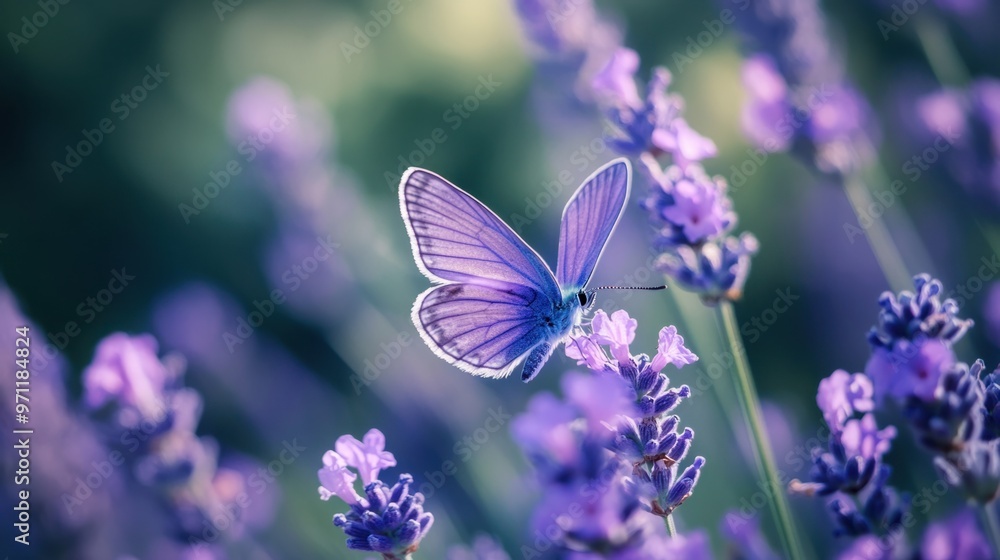 A close-up of a purple butterfly resting on a lavender flower, with blurred greenery in the background A close-up of a purple butterfly resting on a lavender flower, with blurred greenery in the background