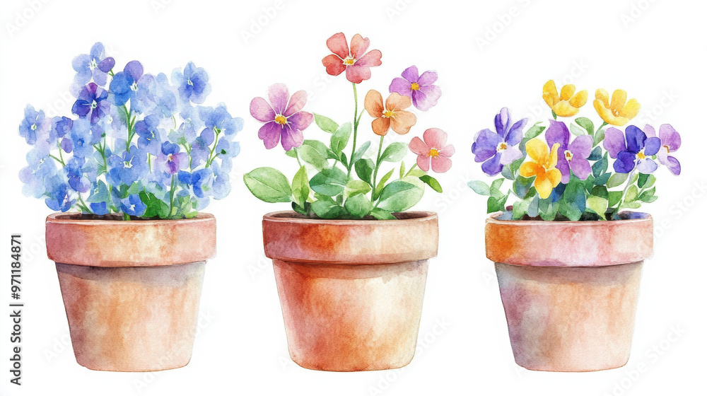 Beautiful watercolor illustration of three potted flowers in various colors, perfect for spring and summer decoration. Beautiful watercolor illustration of three potted flowers in various colors, perfect for spring and summer decoration.