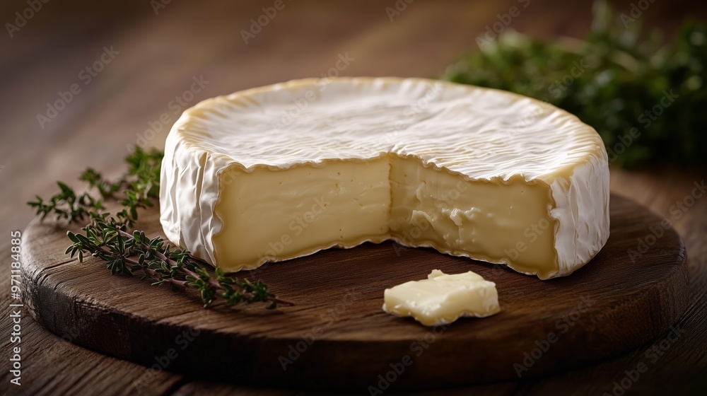 A round cheese with an off-white rind, cut in half to reveal the smooth and creamy interior texture of a cow's milk brie on a rustic wooden board. A round cheese with an off-white rind, cut in half to reveal the smooth and creamy interior texture of a cow's milk brie on a rustic wooden board.