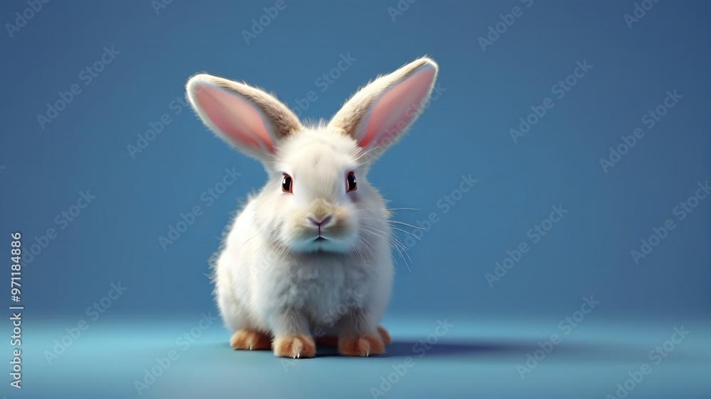 Obraz premium white rabbit on a blue background, Cute Easter bunny