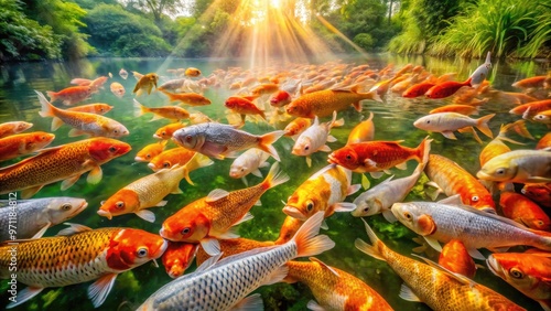 Vibrant orange and silver carp fish swim together in a shallow pond surrounded by lush green vegetation, their scales glistening in the soft sunlight. photo