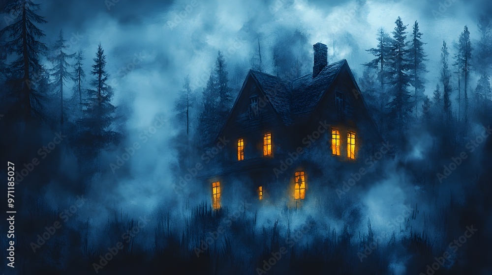 Haunted House Shrouded in Eerie Fog and Overgrown Trees,Leaving a Mysterious Atmosphere Haunted House Shrouded in Eerie Fog and Overgrown Trees,Leaving a Mysterious Atmosphere