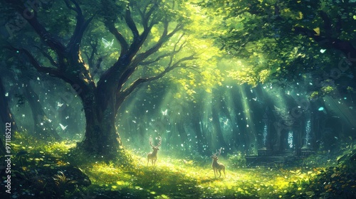 A serene forest scene with sunlight filtering through trees, featuring deer and butterflies.