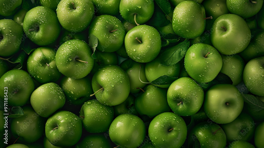 A bunch of green apples are wet and shiny A bunch of green apples are wet and shiny