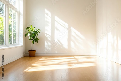 Bright and airy room with sunlight casting shadows, featuring a plant. Ideal for interior decor, relaxation, or minimalism themes.