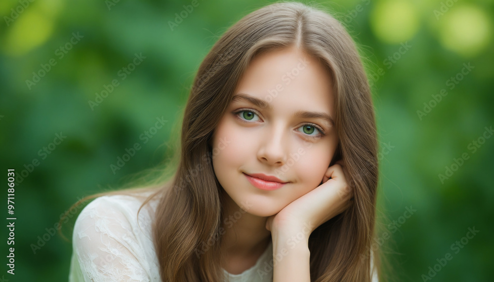 Portrait visage jeune femme brune fille fond vert nature yeux verts souriante. Portrait visage jeune femme brune fille fond vert nature yeux verts souriante.