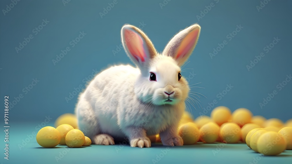 Fototapeta premium white rabbit with easter eggs on pastel blue background