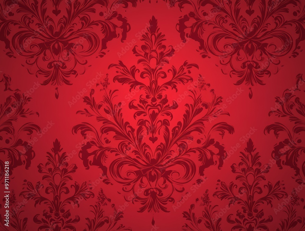 Abstract, baroque wallpaper pattern design. Red floral Victorian wallpaper background wall in grunge vintage / retro style. Abstract, baroque wallpaper pattern design. Red floral Victorian wallpaper background wall in grunge vintage / retro style.