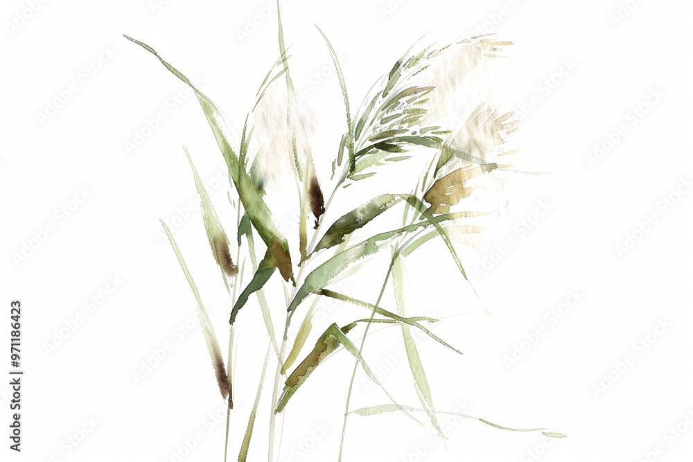 A painting of a plant with green leaves and brown stems A painting of a plant with green leaves and brown stems