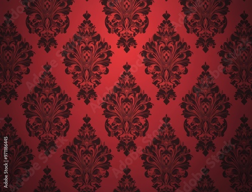 Abstract, baroque wallpaper pattern design. Red floral Victorian wallpaper background wall in grunge vintage / retro style.