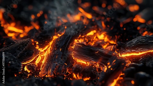 Close-up of glowing embers on dark charcoal, showcasing the contrasting textures and deep colors of burning wood. photo