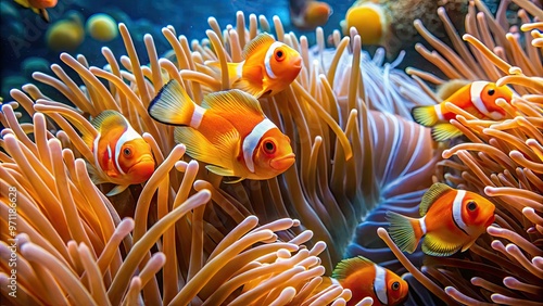 Vibrant orange anemone tentacles sway gently in the ocean current, providing a protective habitat for a small school of bright orange fish with white stripes. photo