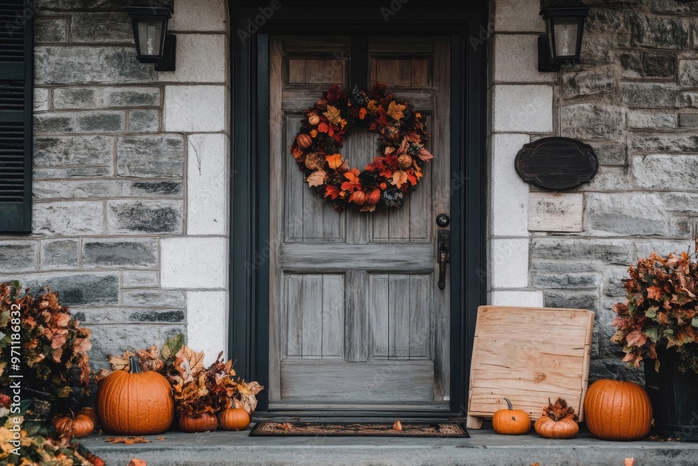 Obraz premium Autumnal Doorway Decor with Pumpkins and Wreath